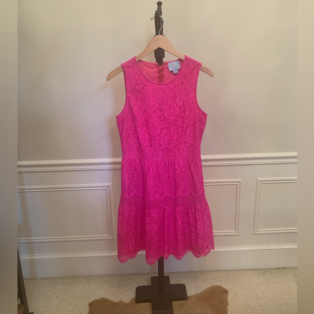 CeCe Olivia Sleeveless Tiered Scallop Lace Dress Hot Magenta Size 4